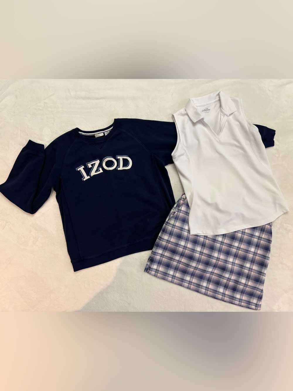 3 pc Ladies Activewear IZOD Crewneck Sweater & Plaid Skirt w White Sleevels Top